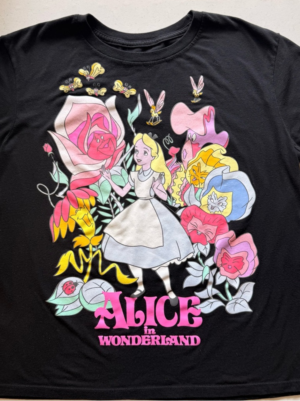 Disney Alice in Wonderland Black Graphic Tee with Pink & Pastel Floral Print